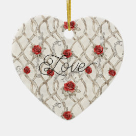 Red Roses Faux Wood Floral Christmas Keramisch Ornament