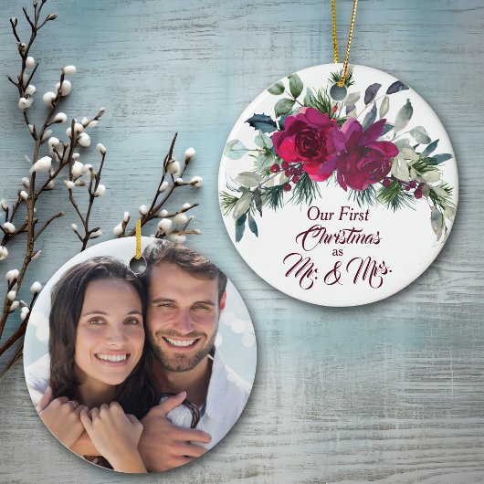 Red Roses First Kerstfoto Template Keramisch Ornament