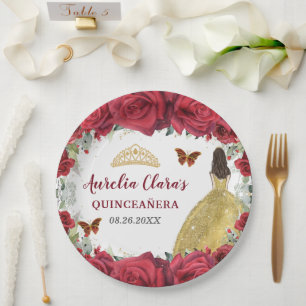 Red Roses Floral Butterflies Princess Yellow Dress Papieren Bordje