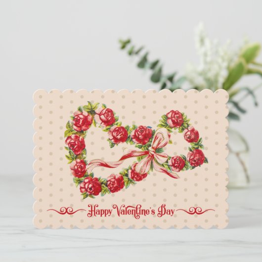 Red Roses Floral Heart Wreath Elegant Cute Feestdagenkaart (Staand voorkant)