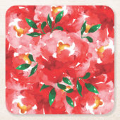 Red Roses Floral Pattern Vierkante Kartonnen Onderzetter (Voorkant)