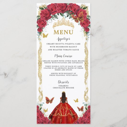 Red Roses Floral Quinceañera Brown Princesse Menu (Devant)