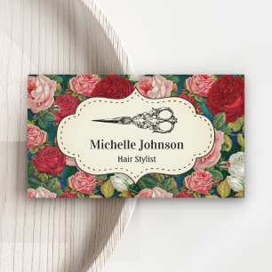 Red Roses Floral Scissors Hair Stylist Visitekaartje
