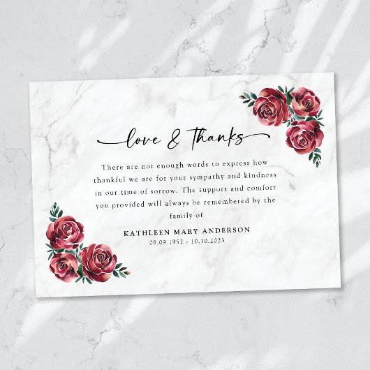 Red Roses Floral Script Begrafenis Bedankkaart