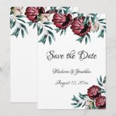 Red Roses Floral Script Elegant Save The Date (Voorkant / Achterkant)