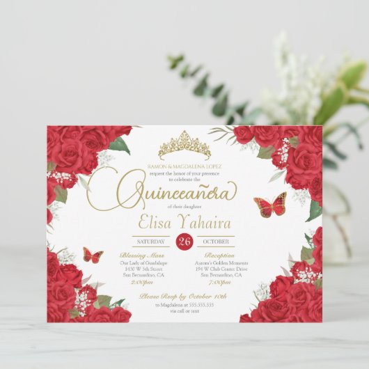 Red Roses Floral Tiara Butterfly Quinceanera Kaart (Staand voorkant)