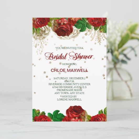 Red Roses Frontière Douche nuptiale Invitation (Debout devant)