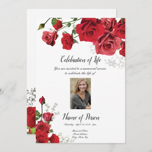 Red Roses Funeral Announcement Uitnodiging (Voorkant / Achterkant)
