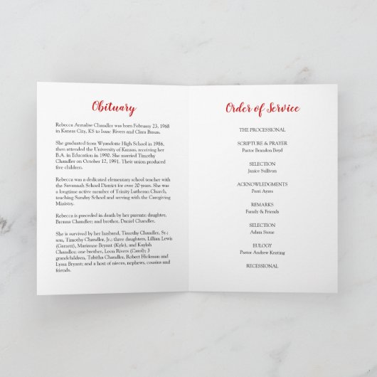 Red Roses Funeral Programme | Memorandum Kaart (Binnen)