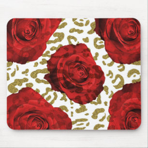 Red Roses Gold Cheetah Leopard Glam Animal Print Muismat