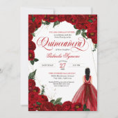 Red Roses & Gold Fancy Red Ball Gown Quinceañera Kaart (Voorkant)