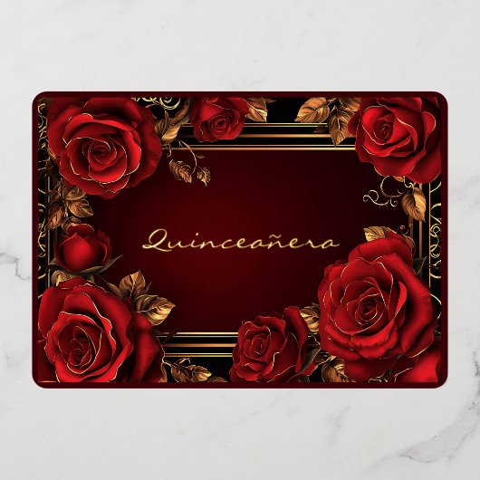 Red Roses Gold Frame Quinceañera Foil Invitation (Recto)