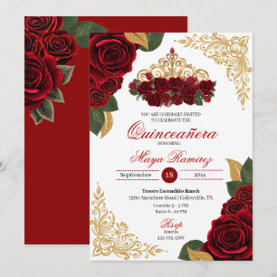 Red Roses Gold Glitter Lijsten Tiara Quinceañera Kaart