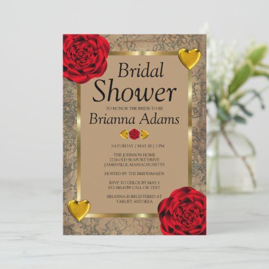 Red Roses & Gold Hearts Bridal Shower Invitations Kaart (Staand voorkant)