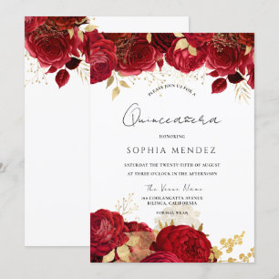 Red Roses Gold Leaf Quinceanera Party Uitnodiging