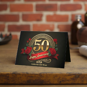 Red Roses & Gold Numerals 50ste bruiloft Jubileum Kaart