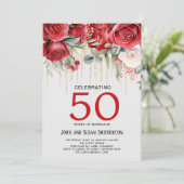 Red Roses Gold String Lichten 50e Jubileum Kaart (Staand voorkant)
