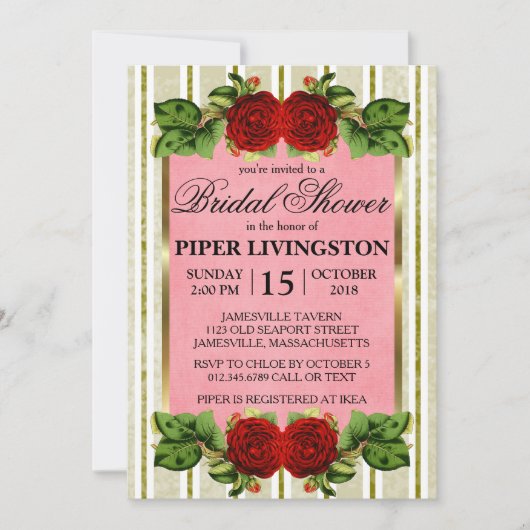 Red Roses Gold Stripes Bridal Douche Invitations (Devant)