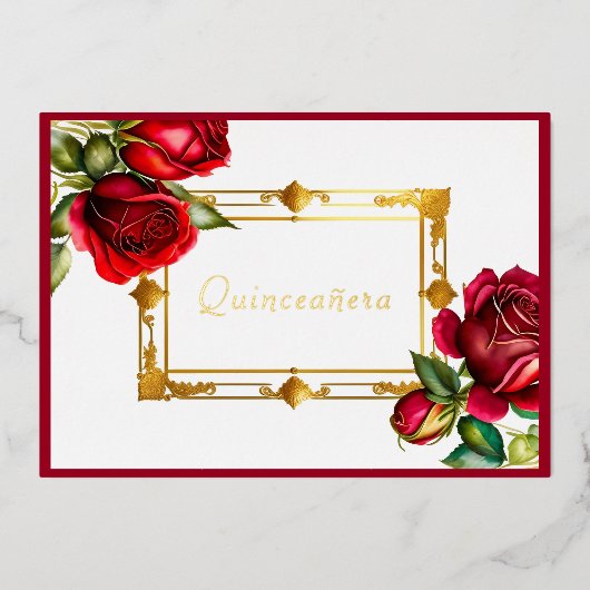 Red Roses Goud Lijst Quinceañera Folie Uitnodiging (Voorkant)