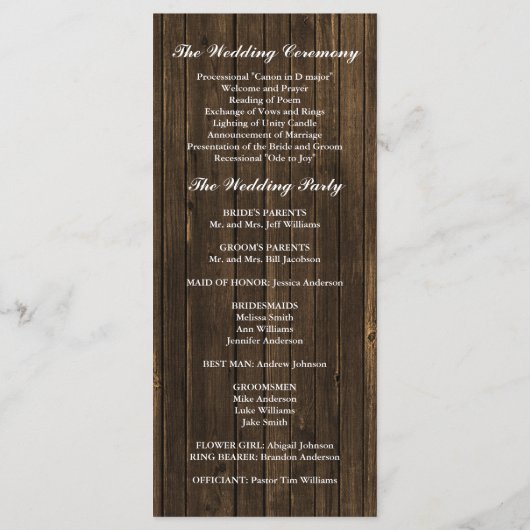 Red Roses Grange Programme de mariage en bois (Dos)