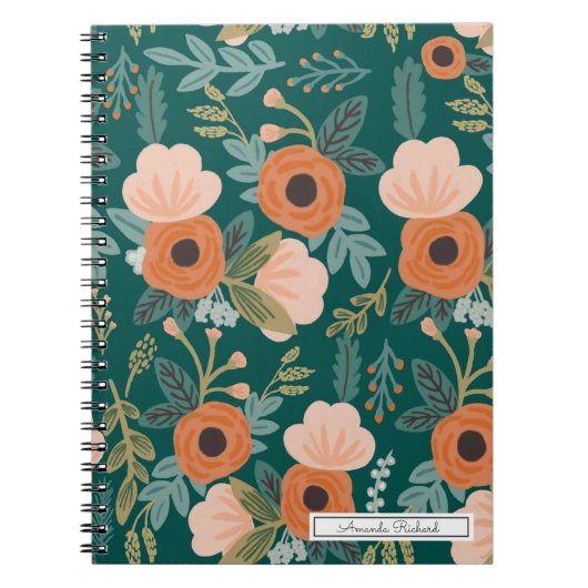 Red Roses Green Whimsical Pattern Notitieboek (Voorkant)