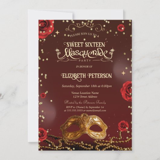 Red Roses Masque Pearls Sweet 16 Kaart (Voorkant)