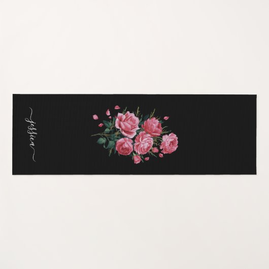 Red Roses on Black with script name Yogamat (Voorkant (horizontaal))