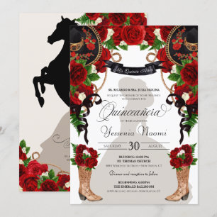 Red Roses & Peonies Western Charro Quinceanera Kaart