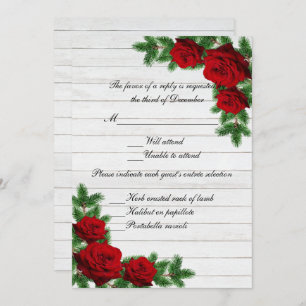 Red Roses Pine Branche Noël Mariage Carte RSVP