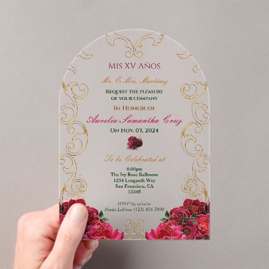 Red Roses Quinceañera Floral Acrylique Invitation (In situ (ordinateur de poche))