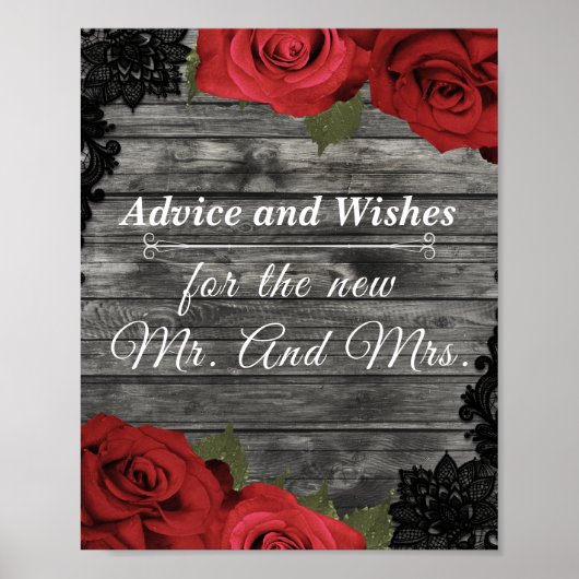 Red Roses Rustic Black Lace Weddenschap wenst Poster (Voorkant)