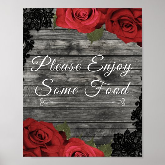 Red Roses Rustic Black Lace Wedding Food Sign Poster (Voorkant)