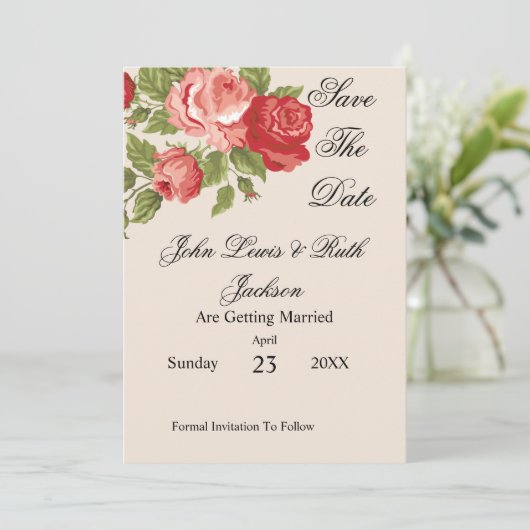 Red Roses Script Save The Date | Elegant Floral  (Debout devant)