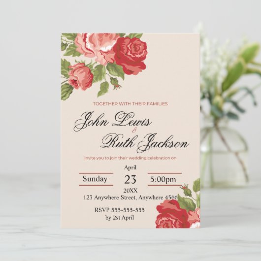Red Roses Script Wedding Invitation | Elegant Roma (Debout devant)