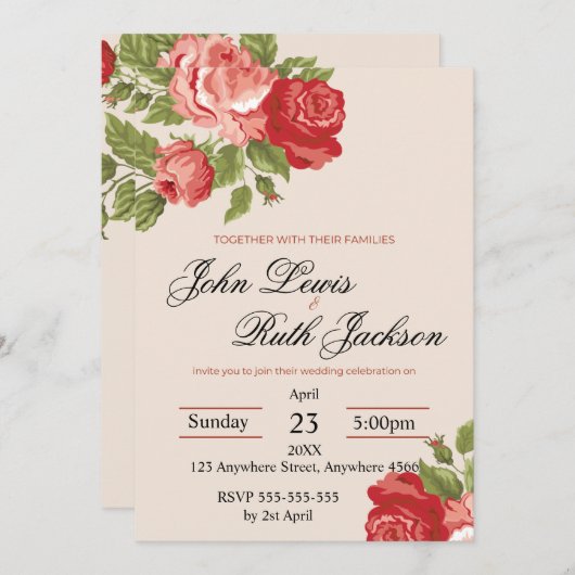 Red Roses Script Wedding Invitation | Elegant Roma (Devant / Derrière)