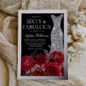 Red Roses & Silver Foil Black 60th Birthday Folie Uitnodiging