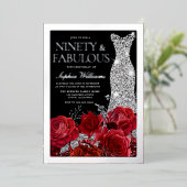 Red Roses & Silver Foil Black 90th Birthday Folie Uitnodiging (Staand Voorkant)