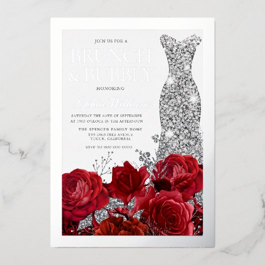 Red Roses & Silver Foil Border Bridal Shower Folie Uitnodiging (Voorkant)