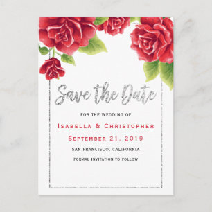 Red Roses & Silver Glitter Save the Date Aankondigingskaart