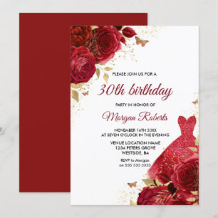 Red Roses Sparkle Dress 30th Birthday Party Kaart