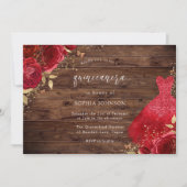 Red Roses Sparkle Dress Rustic Quinceanera Party Kaart (Voorkant)