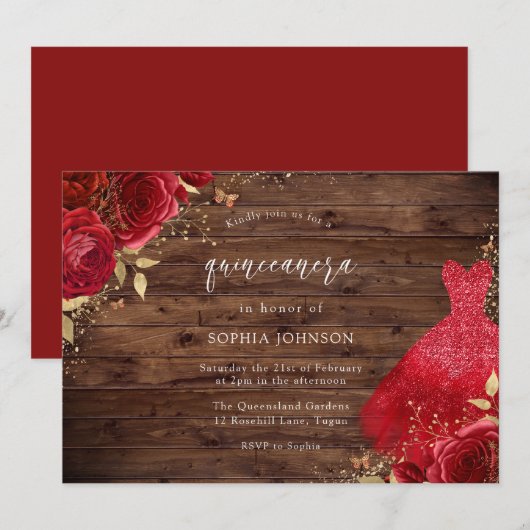 Red Roses Sparkle Dress Rustic Quinceanera Party Kaart (Voorkant / Achterkant)