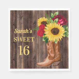 Red Roses Sunflower Cowboy Boots Sweet 16 Servet