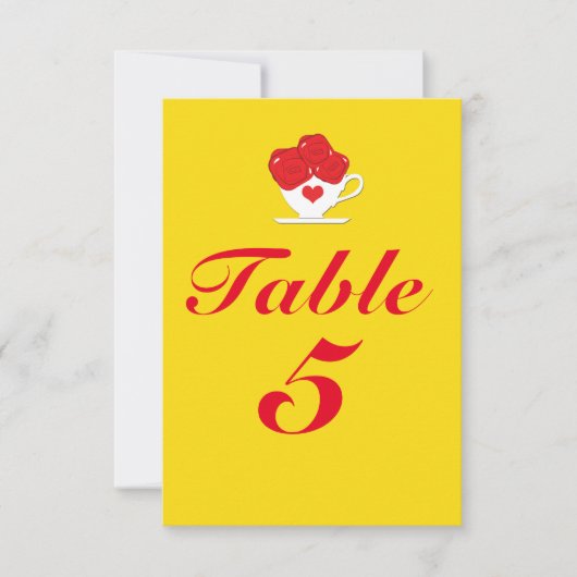 Red Roses Tea Cup Yellow Party Table Number Kaart (Voorkant)