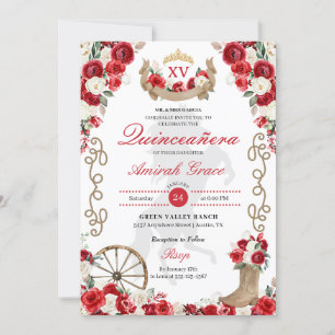 Red Roses Western Cowgirl Quinceañera Uitnodiging
