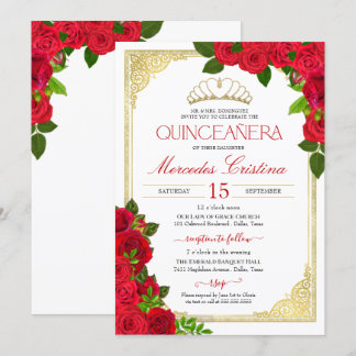 Red Roses White en Gold Elegant Quinceañera Kaart