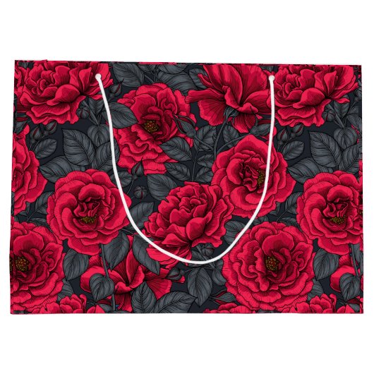 Red roses with gray leaves on black groot cadeauzakje (Achterkant)
