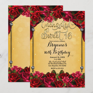 Red Roses Yellow & Gold Sweet 16 16th Party Kaart