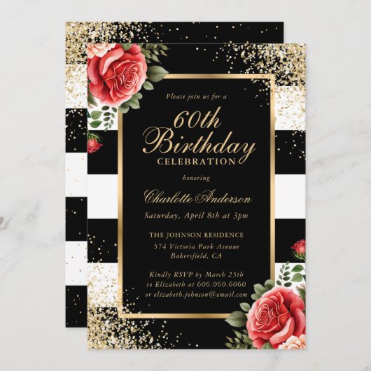 Red Roses Zwart Goud Confetti 60ste Verjaardag Kaart (Voorkant / Achterkant)