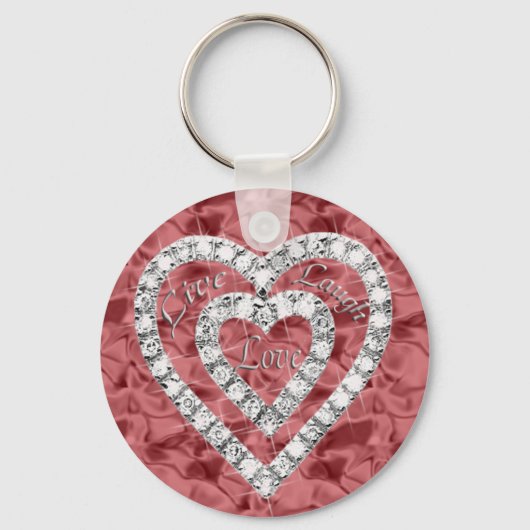 Red Round Live Laugh Love Diamond Heart Keychain (Voorkant)